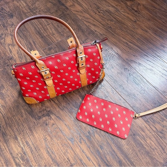 Dooney & Bourke • Domed Satchel purse bag Burning Red initials canvas wristlet - Picture 2 of 16